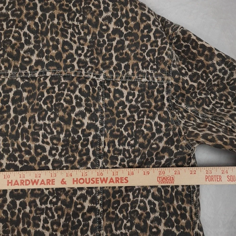 Free People Jacket Womens Large Brown Leopard Denim Raw Hem Cropped Trucker - Picture 13 of 16